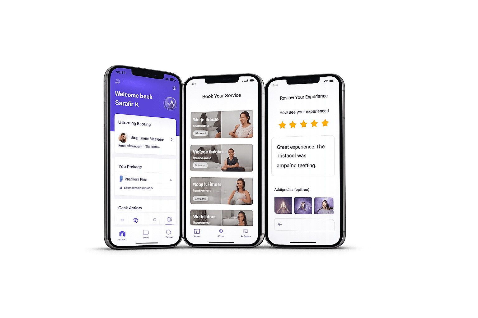Three-phone preview of the Serenity client booking flow